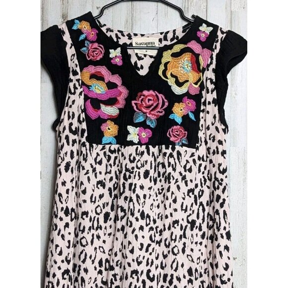 Savanna Jane Embroidered Boho Dress Medium Floral Leopard Short Sleeve P… - Picture 2 of 11